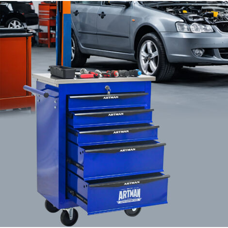 Carro de herramientas metálico con 5 cajones y ruedas ideal para garajes talleres y talleres mecánicos color negro y azul