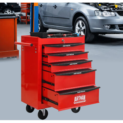 Carro de herramientas metálico con 6 cajones y ruedas ideal para garajes talleres y talleres mecánicos color negro y rojo