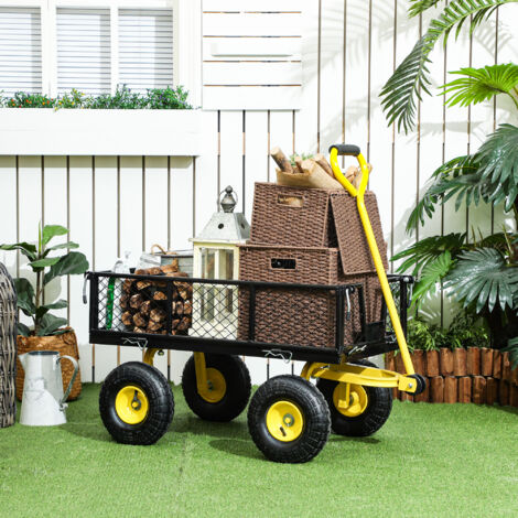 Carro de Jardín Basculante Carga 200 kg con Paneles Laterales Desmontables y 4 Ruedas Neumáticas Negro y Amarillo