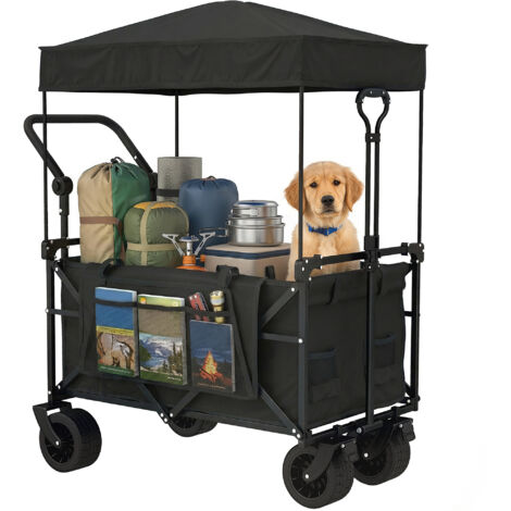 Carro de Jardín Plegable con Ruedas Grandes Bloqueables Barra Ajustable Portavasos para Campaña 125x59x133 cm Negro