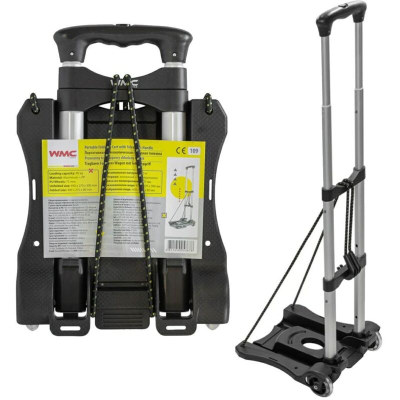 Carro de plataforma plegable con mango telescópico + 2 gomas de sujeción