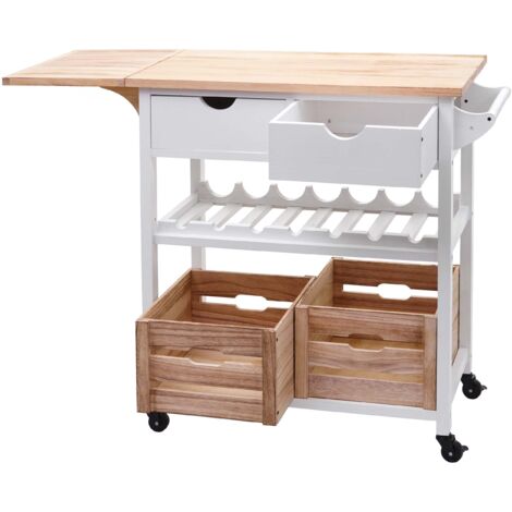 Carro de servicio con ruedas barra de cocina portabotellas con cajones y cajas de almacenamiento madera de pino 89x119x41cm blanco natural 040002444