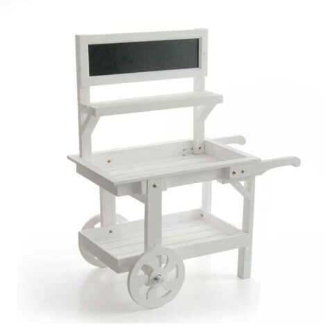 Carro decorativo blanco para vitrinas, decoraciones con pizarra h 85