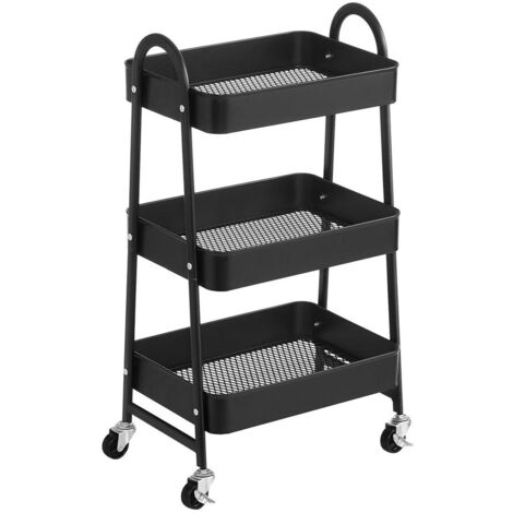 Carro móvil de 3 niveles con ruedas Estante de almacenamiento de metal con asas 2 frenos Fácil montaje para taller Dormitorio Cocina Lavadero Negro 120002728