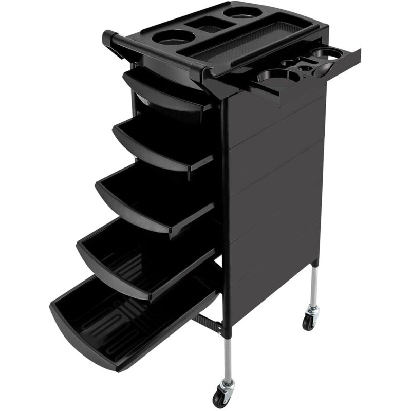 Carro profesional para salón, carro negro con asa y ruedas, 5 cajones y 2 estantes laterales con soporte para secador, carro con ruedas, para