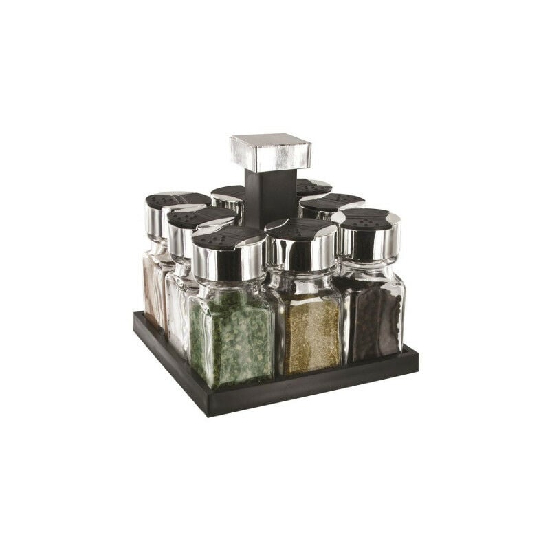 Carrousel à épices rotatif 8 pots en verre - Noir et inox - Support 8 pots à double clapets - Livraison gratuite