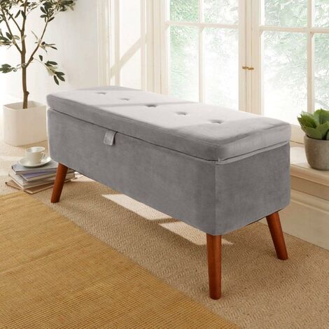 Carson Grey Fabric Velvet Storage Ottoman Chest Bedding Blanket Box Wooden Legs