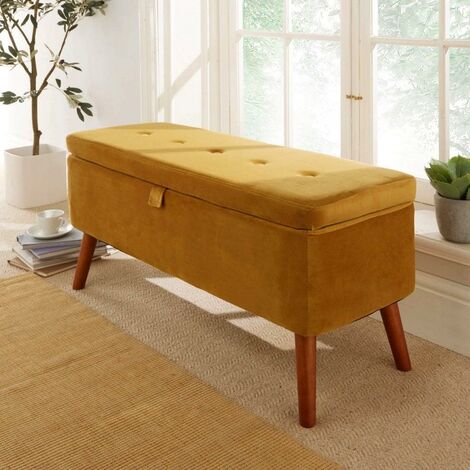 main image of "Carson Ochre Yellow Fabric Velvet Storage Ottoman Chest Bedding Box Wooden Legs"