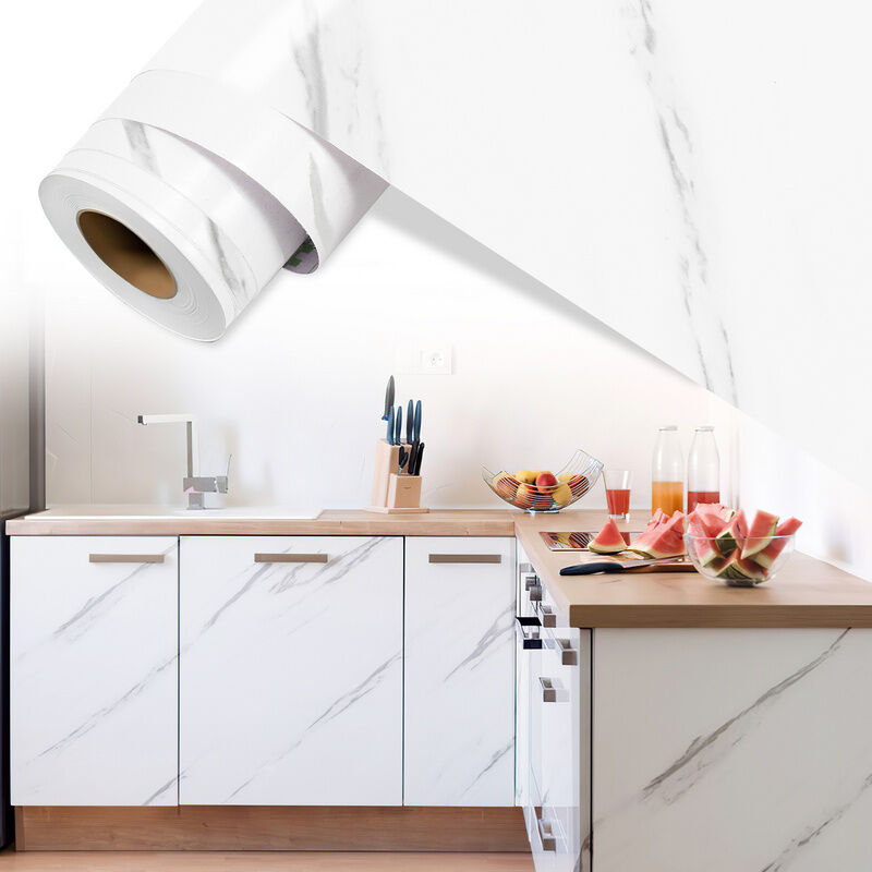 Image of Carta adesiva per mobili 61 cm x 500 cm carta da parati autoadesiva pellicola impermeabile per banconi cucina bagno marmo bianco