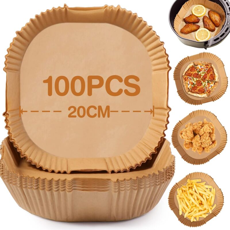 Image of Carta da forno per friggitrice ad aria, 100 confezioni da 20 cm di rivestimenti per friggitrice ad aria, rivestimenti di carta monouso antiaderenti,