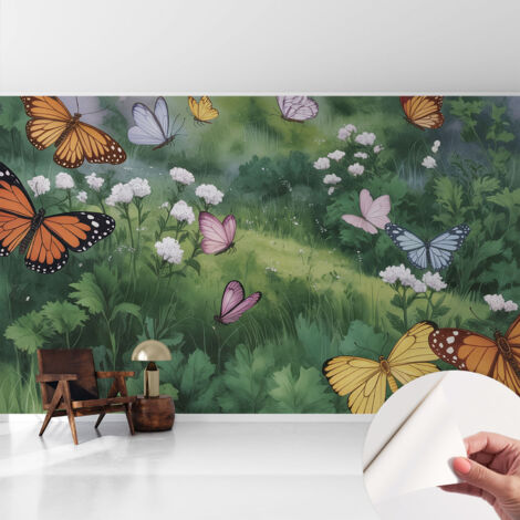 Carta da parati adesiva - lavabile - decorazione murale - per cucina - pellicola decorativa Farfalle nel prato 416x254 cm