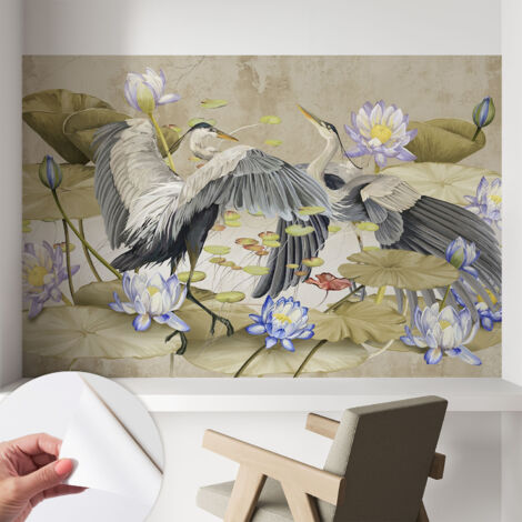Carta da parati autoadesiva - Fotomurale adesivo - design elegante - stile moderno - Uccelli e gigli 104x70 cm