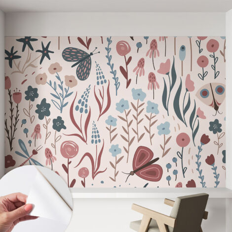 Carta da parati autoadesiva - Fotomurale adesivo - soggiorno moderno - resistente - Fiori e insetti 152x104 cm