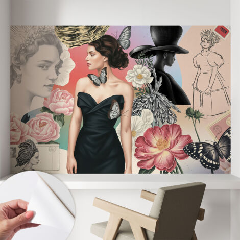 Carta da parati autoadesiva - fotomurale - alta qualità - per la cucina - camera da letto - Fiori e ritratti 104x70 cm