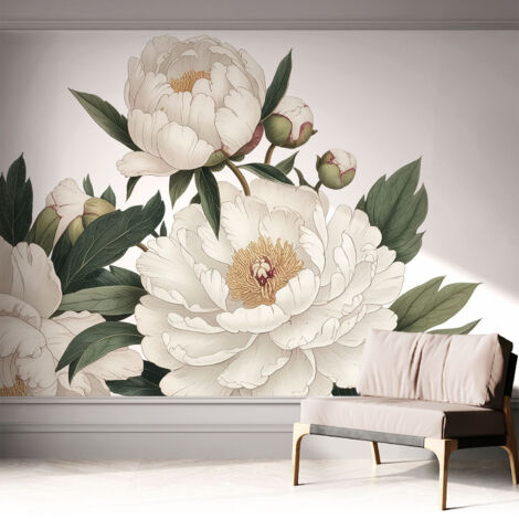 Carta da parati autoadesiva - fotomurale - decorazione parete - stile elegante - decorazione casa - Peonie bianche 312x219 cm