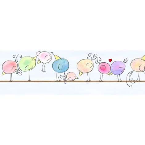 Carta da parati con animali Profhome 403724 Bordo autoadesivo leggermente strutturata con disegni di animali opaca bianco azzurro lilla giallo 0,75 m2