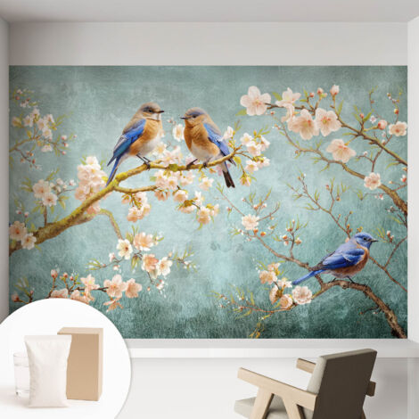 Carta Da Parati Con Design Moderno - Per Rinnovamento Rapido - Non-Woven - Per Interni Moderni Uccelli primaverili 152x104 cm