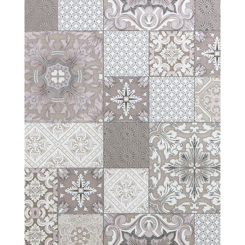 Carta da parati cucina e bagno Edem 87001BR13 Carta da parati in vinile leggermente strutturata con motivo a mosaico ed accenti metallici beige talpa