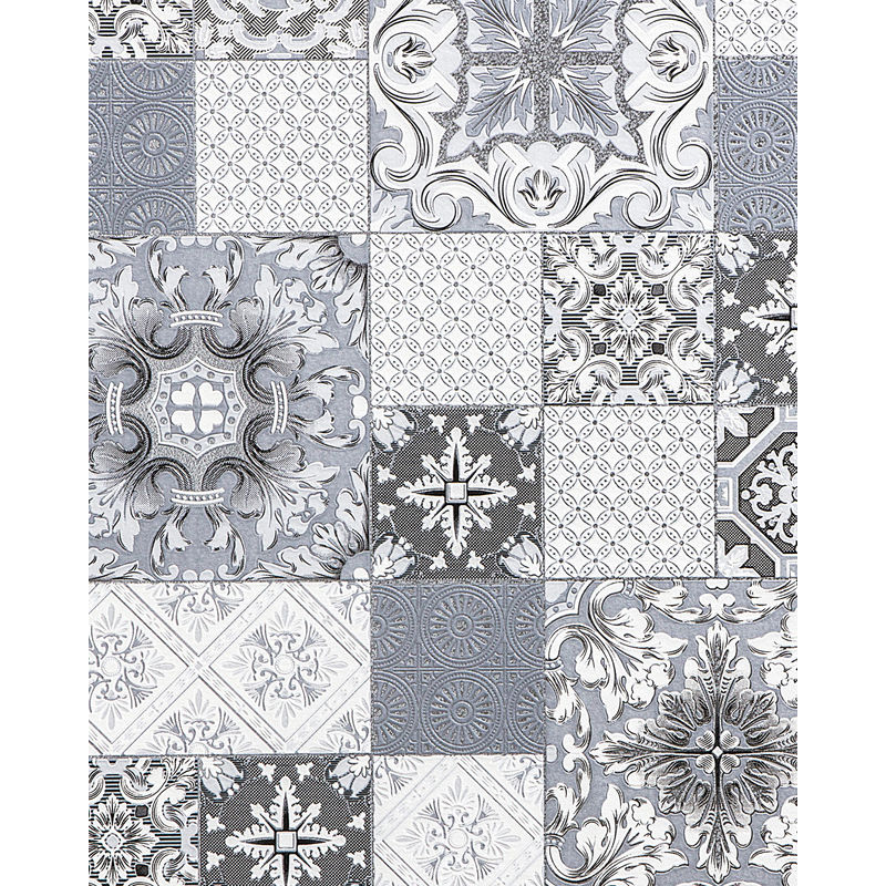 Carta da parati cucina e bagno Edem 87001BR10 Carta da parati in vinile leggermente strutturata con motivo a mosaico ed accenti metallici grigio