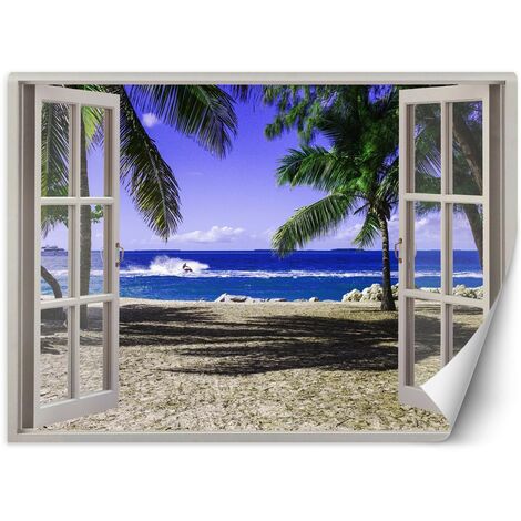 Carta Da Parati, Finestra con vista su una spiaggia tropicale - 140x100