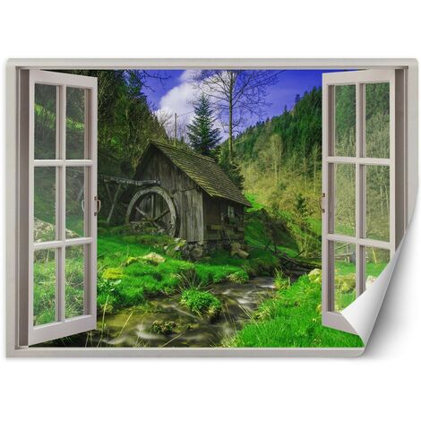Carta Da Parati, Finestra - Vista di una capanna nella foresta - 140x100