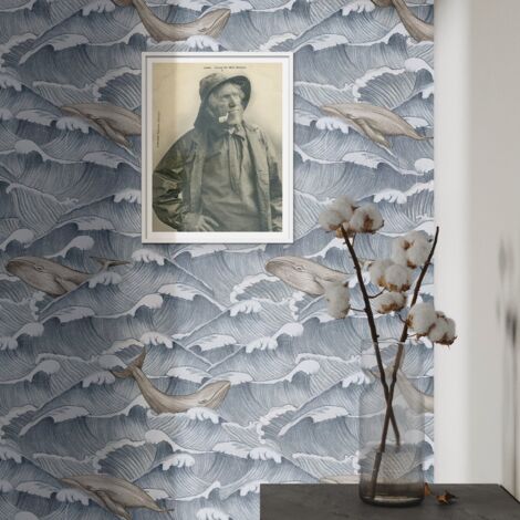 Carta da Parati Mare Vintage con Onde e Balene in Fogli di Carta, 250x200cm