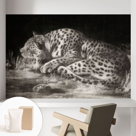 Carta Da Parati - Mural - Con Sala Da Pranzo - Camera Da Letto - Cameretta - Con Colla Gratuita Leopardo a riposo 104x70 cm