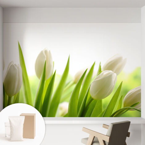 Carta Da Parati - Mural - Con Sala Da Pranzo - Camera Da Letto - Cameretta - Con Colla Gratuita tulipani bianchi 152x104 cm