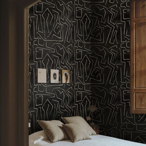 Carta da Parati Nera e Oro Graffiti con Strisce Astratta in Fogli di Carta, 250x200cm