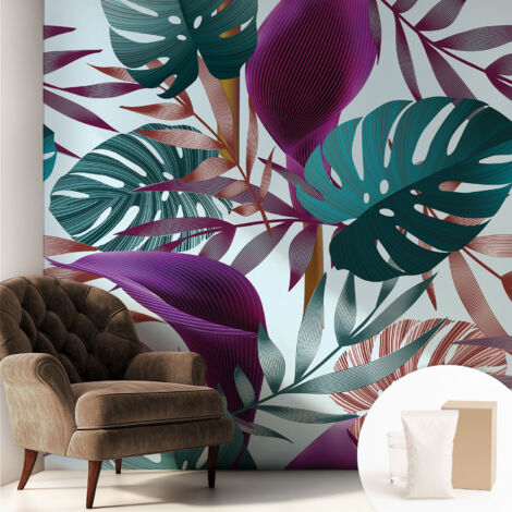 Carta Da Parati Non Tessuto - Con Colla Gratuita - Con Motivi Moderni - Design Elegante Per Pareti Composizione tropicale 250x250 cm