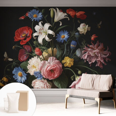 Carta Da Parati Non Tessuto - Con Colla Gratuita - Con Motivi Moderni - Design Elegante Per Pareti Fiori con insetti 312x219 cm