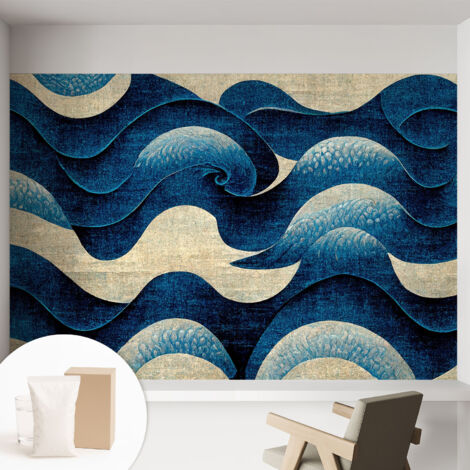 Carta Da Parati Non Tessuto - Con Colla Gratuita - Con Motivi Moderni - Design Elegante Per Pareti Onde blu 152x104 cm
