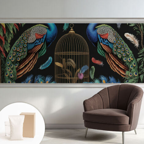 Carta Da Parati Non Tessuto - Con Colla Gratuita - Con Motivi Moderni - Design Elegante Per Pareti Pavoni esotici 250x104 cm