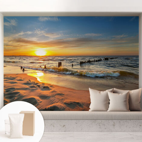 Carta Da Parati Non Tessuto - Con Colla Gratuita - Con Motivi Moderni - Design Elegante Per Pareti Spiaggia tramonto 208x146 cm