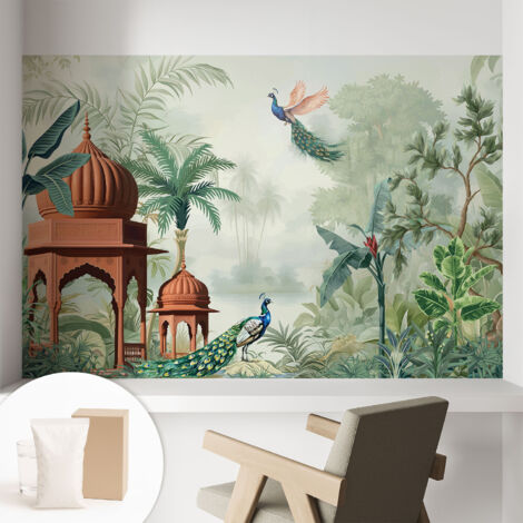 Carta Da Parati Non Tessuto - Con Colla Inclusa per Camera da Letto - Facile da Applica - Motivo decorativo Giardini dei Pavoni 104x70 cm