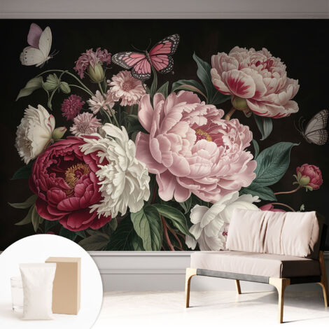 Carta Da Parati Non Tessuto - Con Colla Inclusa per Camera da Letto - Facile da Applica - Motivo decorativo Peonie e farfalle 312x219 cm
