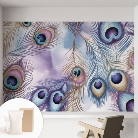 Carta Da Parati Non Tessuto - Con Colla Inclusa per Camera da Letto - Facile da Applica - Motivo decorativo Piume di pavone 152x104 cm