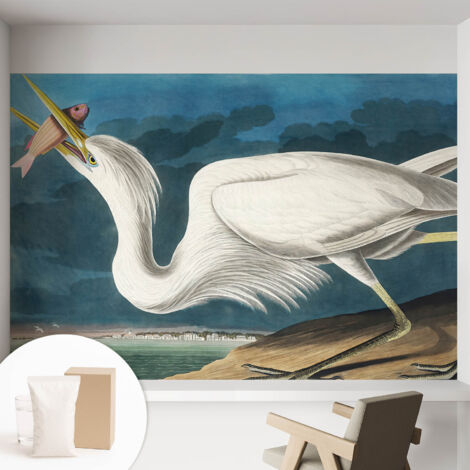 Carta Da Parati Non Tessuto - Con Colla Inclusa per Camera da Letto - Facile da Applica - Motivo decorativo Uccello con pesce 152x104 cm