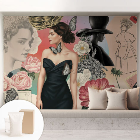 Carta Da Parati - Non Tessuto - Con Colla Inclusa - Per Interni - Ecologica - Con Ingresso - Soggiorno Fiori e ritratti 208x146 cm