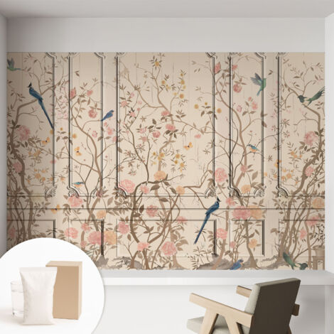 Carta Da Parati Non Tessuto - Decorazione Da Muro - Traspirante - Con Motivo - Per Camera Da Letto Cucina Uccelli e fiori 152x104 cm