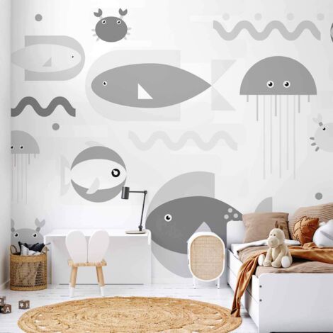 Carta da parati - Oceano grigio minimalista - pesci geometrici nell'acqua per bambini
