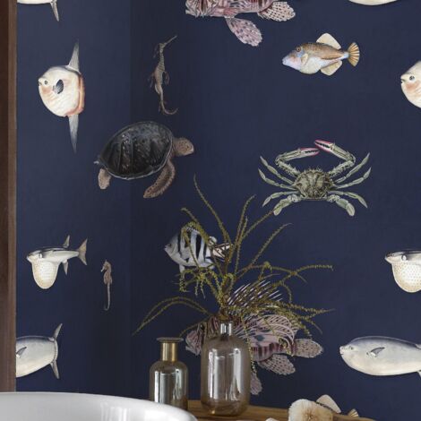 Carta da Parati Pesci Tropicali Blu in Fogli di Carta, 250x200cm