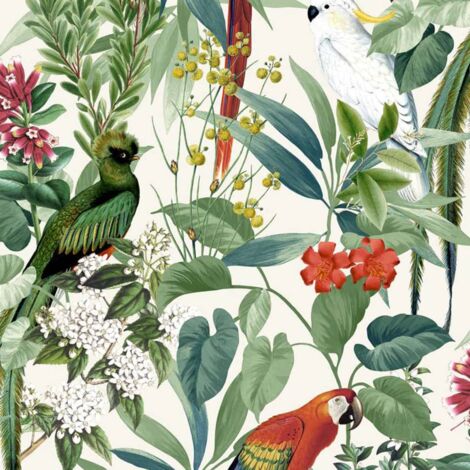 Carta da Parati Uccelli Tropicali Bianco e Verde DUTCH WALLCOVERINGS - Bianco