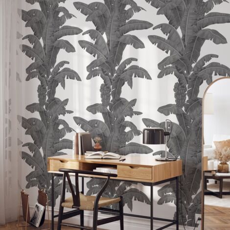 Carta da parati urban jungle piante bianco e grigio Palme Esotiche