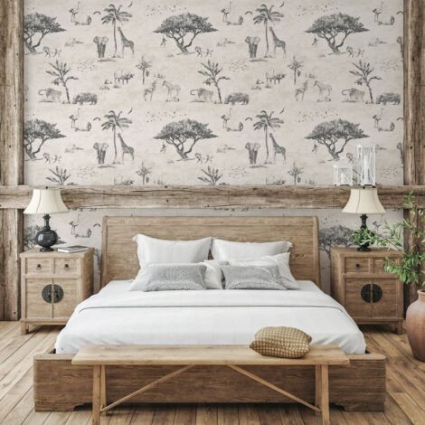 Carta da parati vintage animali giungla beige per testata letto Safari