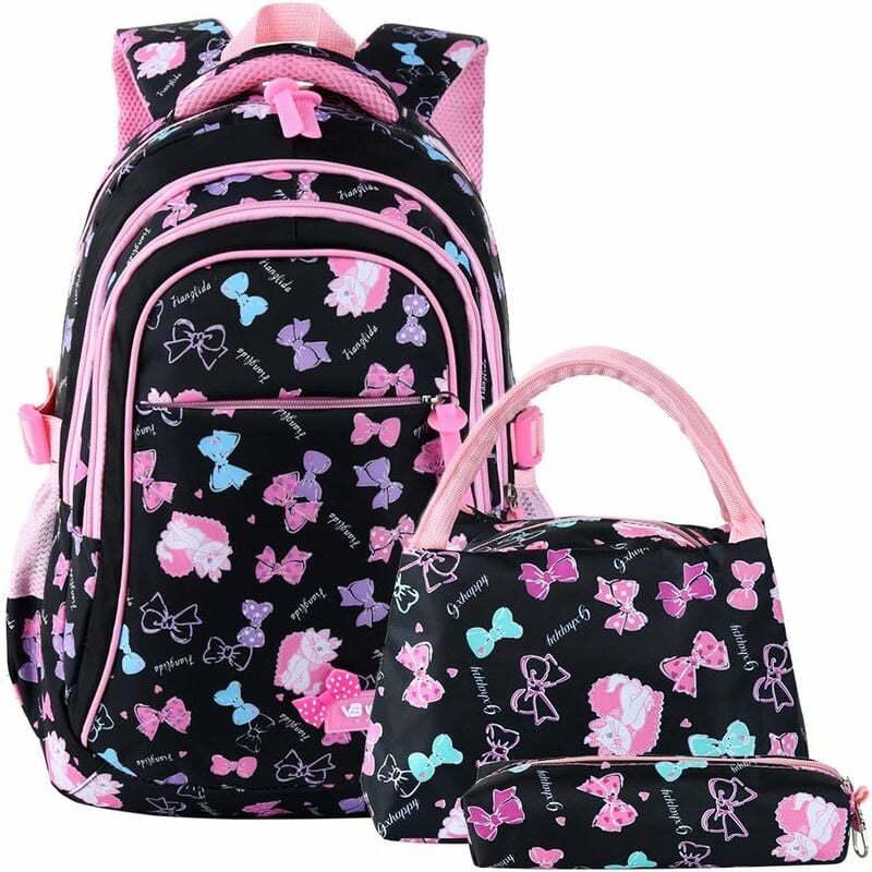 Fei Yu - Cartable, cartable fille, cartable, sac à dos, sac de jour pour enfants, costume 3 pièces pour l'école et les loisirs - noir