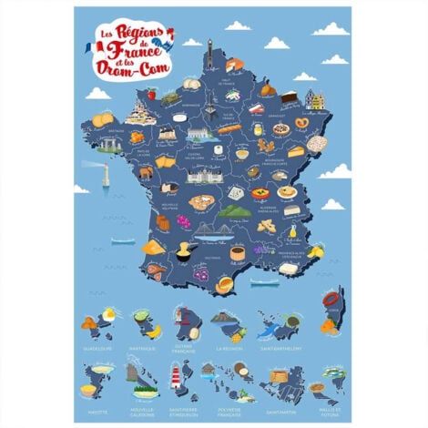 Carte à Gratter "Régions de France" 70cm Bleu