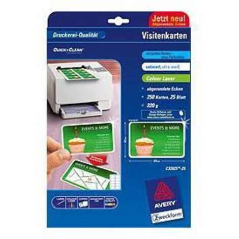 Carte da Visita Avery C32025 Laser a Colore, 85x54 mm, Bianco, 220 g/m�, Confezione da 250 Pezzi