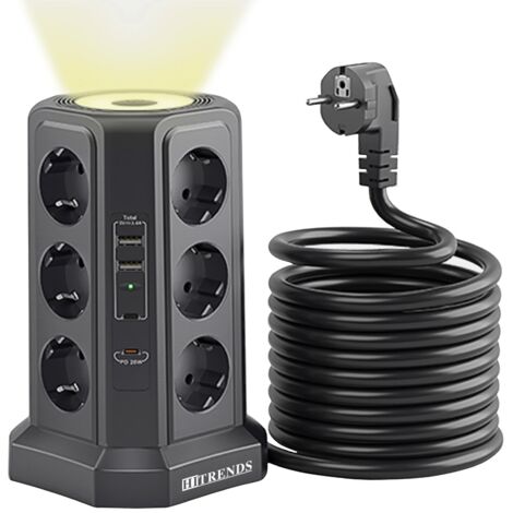 Carte d'alimentation multi-prise avec prise ue, protection contre les surtensions 4000W 16A 110-250V, 2 USB-A et 2 USB-C avec veilleuse, rallonge de 1.8M