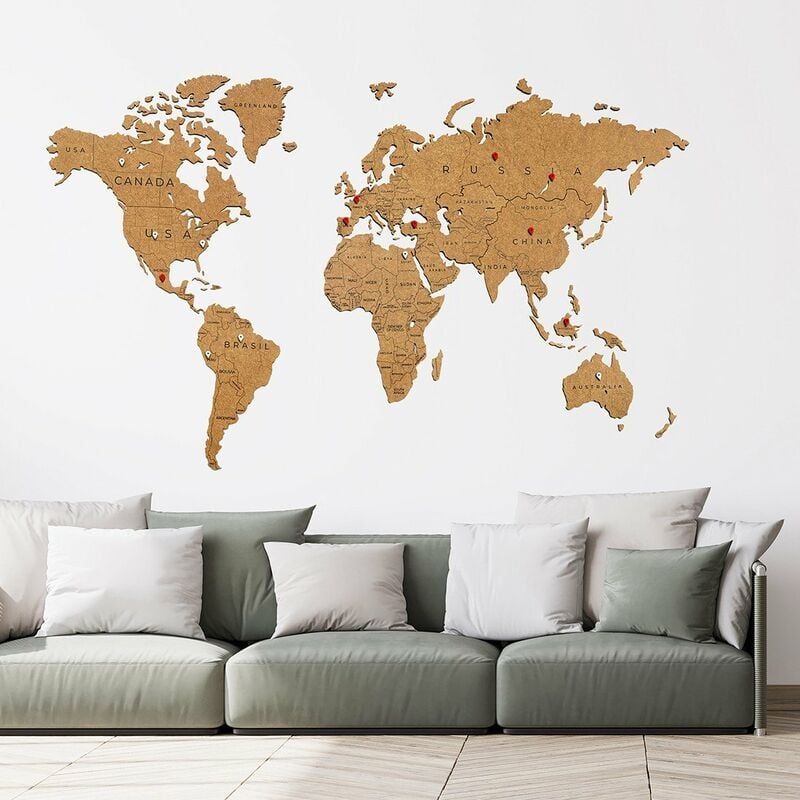 Carte du Monde en Bois avec les Pays 150X90cm Marron